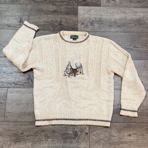Vintage 90s Croft & Borrow Cream Cable Knit Sweater Deer Buck Men's Medium USA